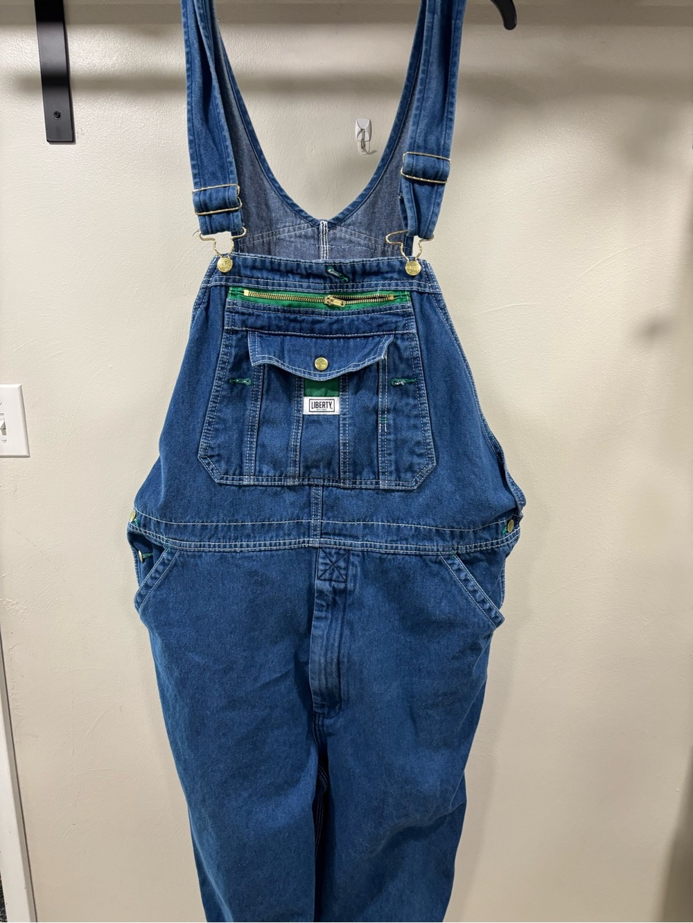 Liberty Blue Denim Overalls with Green Trim Accent